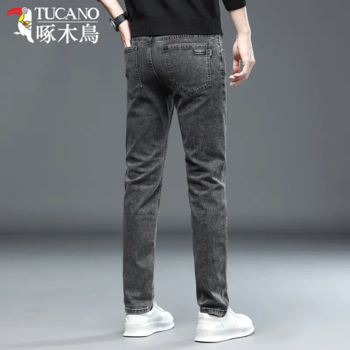 啄木鳥彈力牛仔褲男韓版修身直筒潮流時尚男士休閒秋冬厚款長褲子