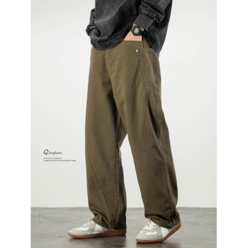 加絨牛仔褲男寬鬆直筒垂感濶腿褲子美式潮牌休閒彎刀褲秋冬款痞帥