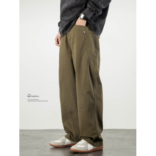 加絨牛仔褲男寬鬆直筒垂感濶腿褲子美式潮牌休閒彎刀褲秋冬款痞帥