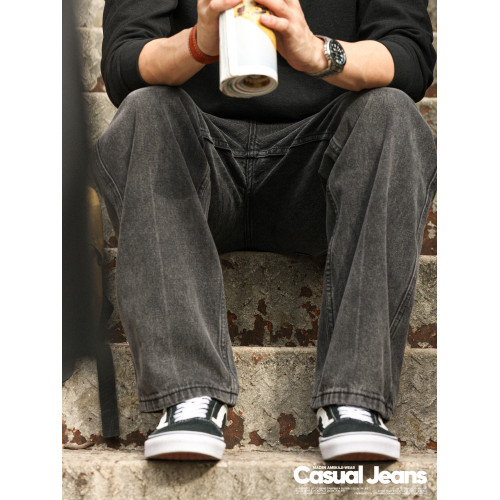 BGYO 美式復古水洗黑色牛仔褲男士vintage重磅垂墜感直筒濶腿長褲