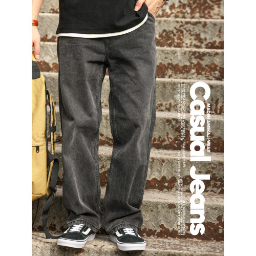 BGYO 美式復古水洗黑色牛仔褲男士vintage重磅垂墜感直筒濶腿長褲