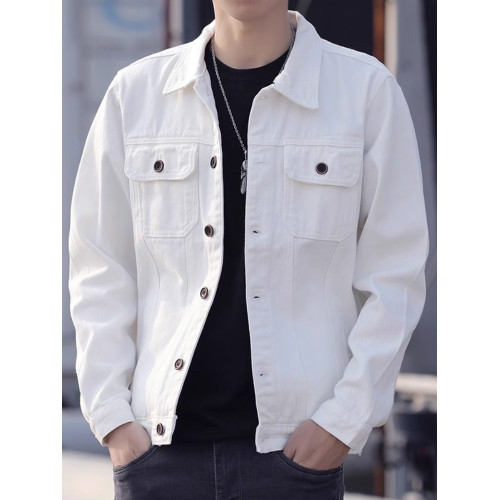 潮牌春秋2025新款白色外套男士休閒韓版修身百搭牛仔夾克男裝上衣