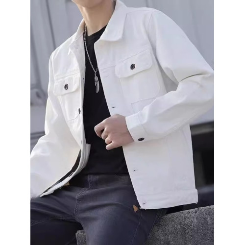 潮牌春秋2025新款白色外套男士休閒韓版修身百搭牛仔夾克男裝上衣