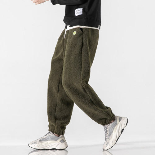 冬季保暖加厚羊羔絨褲子男士潮流百搭笑臉休閒褲寬鬆束腳青年衛褲