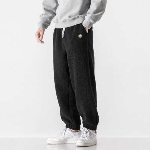 冬季保暖加厚羊羔絨褲子男士潮流百搭笑臉休閒褲寬鬆束腳青年衛褲