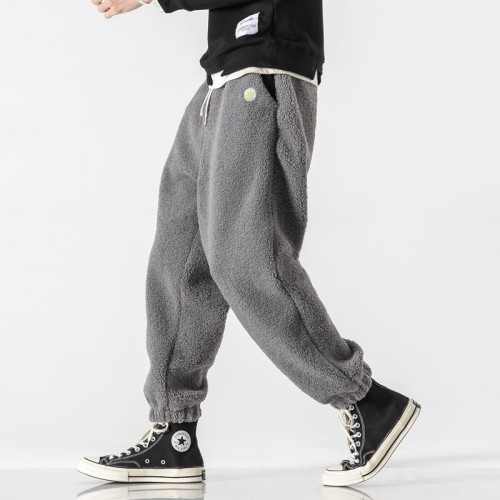 冬季保暖加厚羊羔絨褲子男士潮流百搭笑臉休閒褲寬鬆束腳青年衛褲