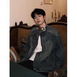 復古藍短款牛仔外套男春秋解搆重工水洗牛仔衣高級感立領工裝夾克