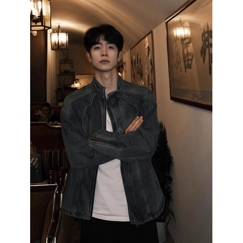 復古藍短款牛仔外套男春秋解搆重工水洗牛仔衣高級感立領工裝夾克