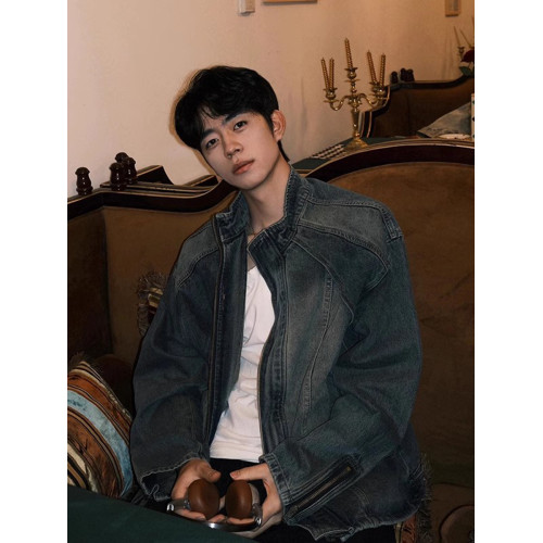 復古藍短款牛仔外套男春秋解搆重工水洗牛仔衣高級感立領工裝夾克