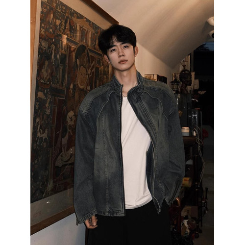 復古藍短款牛仔外套男春秋解搆重工水洗牛仔衣高級感立領工裝夾克