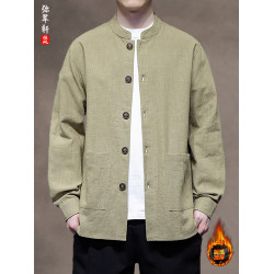 秋冬款男士加絨保暖休閒外套新中式復古風立領百搭棉麻上衣中山裝