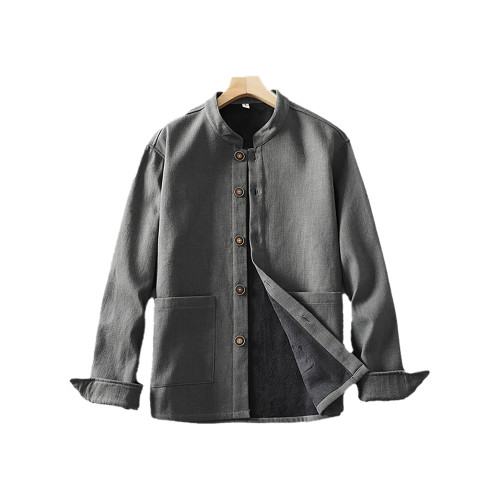 秋冬款男士加絨保暖休閒外套新中式復古風立領百搭棉麻上衣中山裝