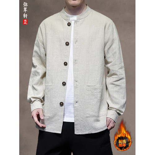 秋冬款男士加絨保暖休閒外套新中式復古風立領百搭棉麻上衣中山裝