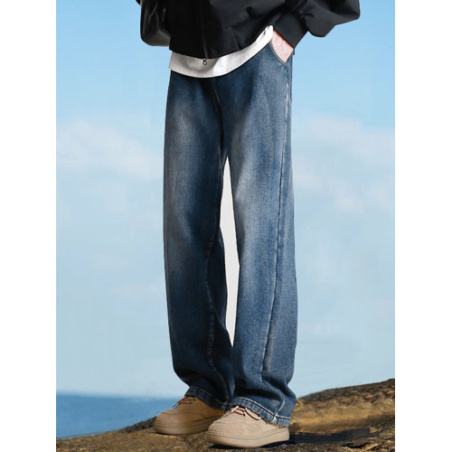 190高個子加長褲子男秋冬加絨直筒加長牛仔褲青少年濶腿休閒長褲