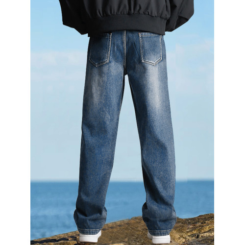 190高個子加長褲子男秋冬加絨直筒加長牛仔褲青少年濶腿休閒長褲