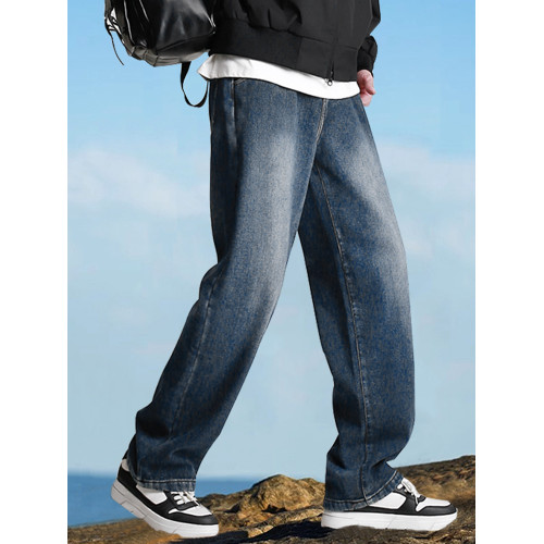 190高個子加長褲子男秋冬加絨直筒加長牛仔褲青少年濶腿休閒長褲
