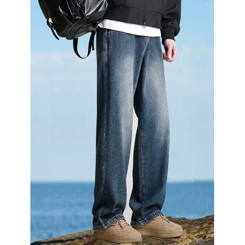 190高個子加長褲子男秋冬加絨直筒加長牛仔褲青少年濶腿休閒長褲