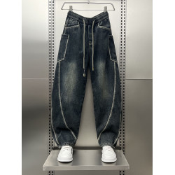 2025秋冬加厚牛仔褲男士時尚潮牌彎刀褲復古寬鬆直筒濶腿休閒長褲