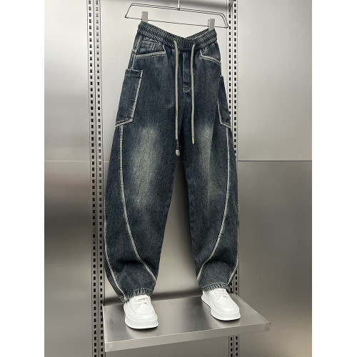 2025秋冬加厚牛仔褲男士時尚潮牌彎刀褲復古寬鬆直筒濶腿休閒長褲