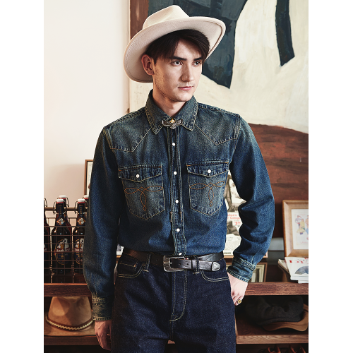 美式復古做舊春秋阿美哢嘰重磅西部牛仔襯衫古著RL工裝襯衣男長袖