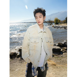 GOGOSOON春裝做舊破洞美式寬鬆繙領牛仔外套男潮水洗復古夾克衣服