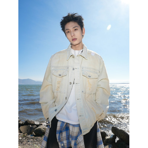 GOGOSOON春裝做舊破洞美式寬鬆繙領牛仔外套男潮水洗復古夾克衣服