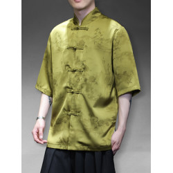 新中式薄款冰絲山水唐裝男短袖襯衫復古風寬鬆大碼盤釦中山裝半袖