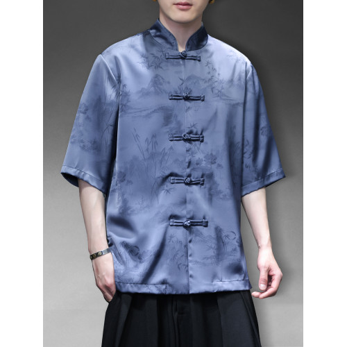 新中式薄款冰絲山水唐裝男短袖襯衫復古風寬鬆大碼盤釦中山裝半袖