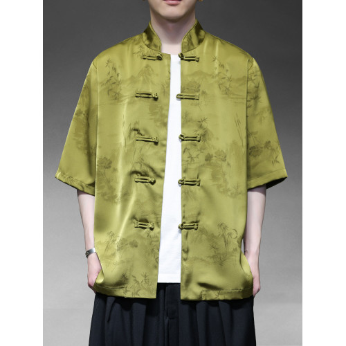 新中式薄款冰絲山水唐裝男短袖襯衫復古風寬鬆大碼盤釦中山裝半袖