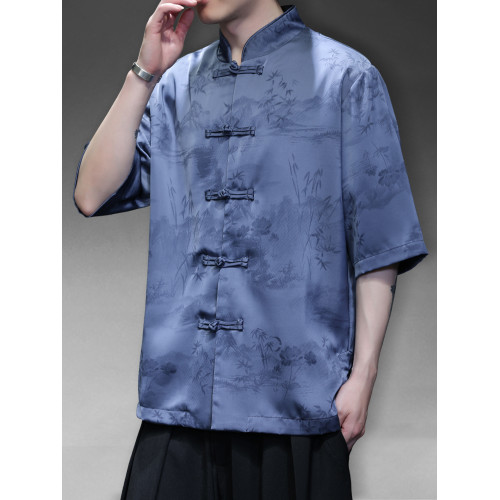 新中式薄款冰絲山水唐裝男短袖襯衫復古風寬鬆大碼盤釦中山裝半袖