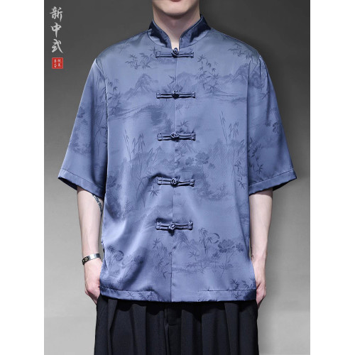 新中式薄款冰絲山水唐裝男短袖襯衫復古風寬鬆大碼盤釦中山裝半袖