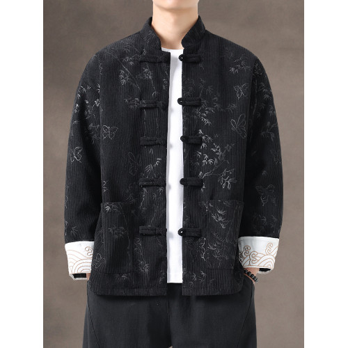 新中式秋冬燈芯絨復古唐裝外套風休閒盤釦中山裝夾克漢服上衣