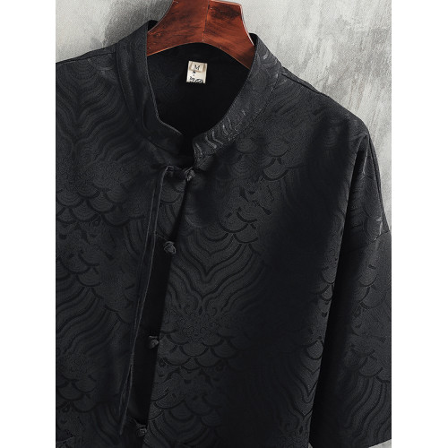 新中式穿搭 風暗紋提花短袖襯衫男 夏季 國潮 盤釦唐裝上衣