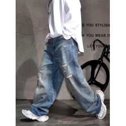 美式復古水洗做舊濶腿破洞牛仔褲男潮牌痞帥寬鬆直筒大碼乞丐長褲