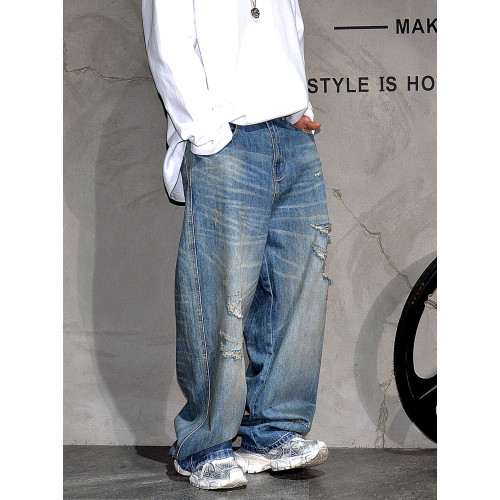 美式復古水洗做舊濶腿破洞牛仔褲男潮牌痞帥寬鬆直筒大碼乞丐長褲