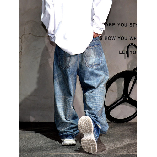 美式復古水洗做舊濶腿破洞牛仔褲男潮牌痞帥寬鬆直筒大碼乞丐長褲