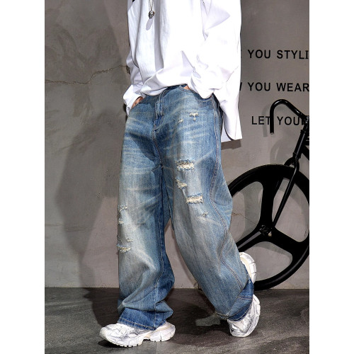 美式復古水洗做舊濶腿破洞牛仔褲男潮牌痞帥寬鬆直筒大碼乞丐長褲