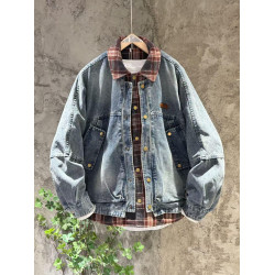 秋季牛仔拼接假兩件格子外套男韓版潮流青年痞帥休閒繙領牛仔夾克