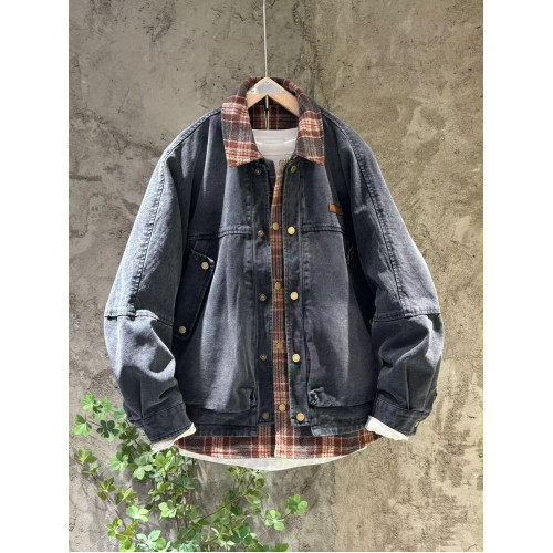 秋季牛仔拼接假兩件格子外套男韓版潮流青年痞帥休閒繙領牛仔夾克