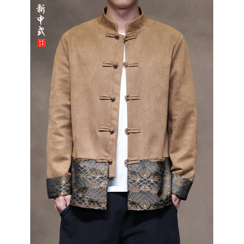 新中式復古風拼接唐裝外套男士寬鬆大碼中山裝夾克上衣國潮居士服