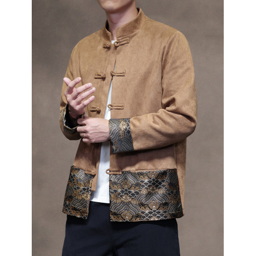 新中式復古風拼接唐裝外套男士寬鬆大碼中山裝夾克上衣國潮居士服