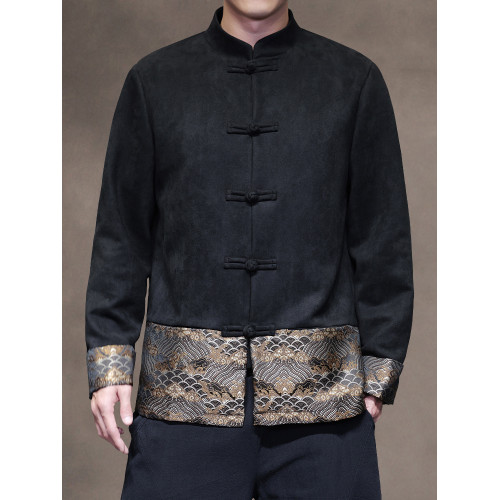 新中式復古風拼接唐裝外套男士寬鬆大碼中山裝夾克上衣國潮居士服