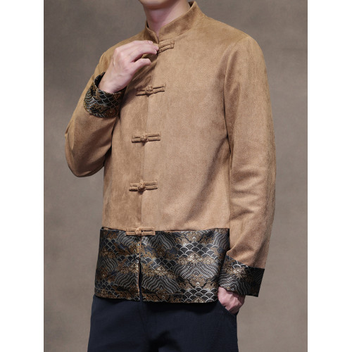 新中式復古風拼接唐裝外套男士寬鬆大碼中山裝夾克上衣國潮居士服