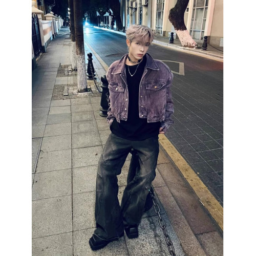 美式重工拼接解搆短款牛仔外套男歐美街頭潮牌cleanfit機車服夾克