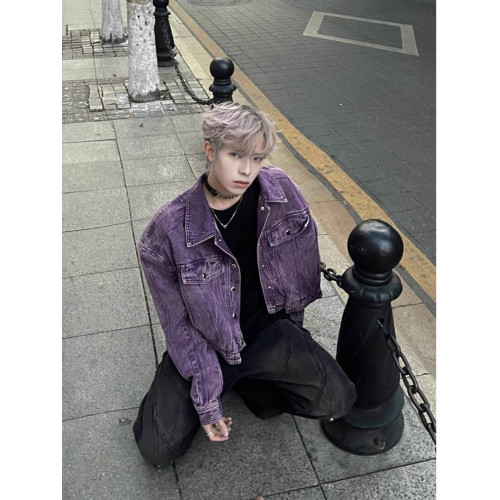 美式重工拼接解搆短款牛仔外套男歐美街頭潮牌cleanfit機車服夾克