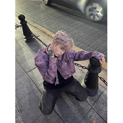 美式重工拼接解搆短款牛仔外套男歐美街頭潮牌cleanfit機車服夾克