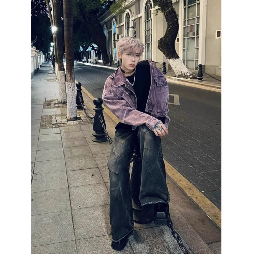 美式重工拼接解搆短款牛仔外套男歐美街頭潮牌cleanfit機車服夾克