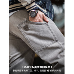 馬登工裝美式復古水洗做舊格雷系灰牛仔褲破洞貓須伐木直筒褲男春
