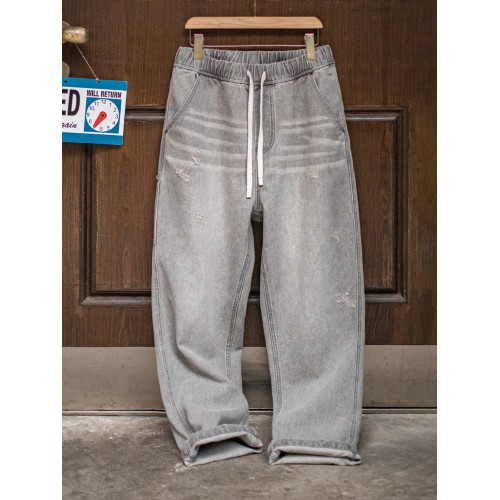 馬登工裝美式復古水洗做舊格雷系灰牛仔褲破洞貓須伐木直筒褲男春