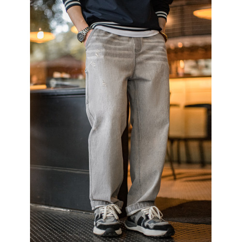 馬登工裝美式復古水洗做舊格雷系灰牛仔褲破洞貓須伐木直筒褲男春